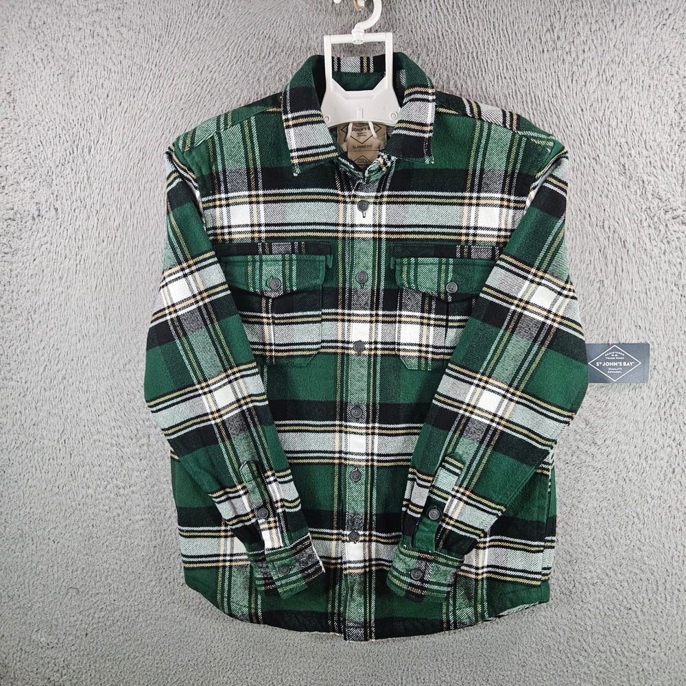 St Johns Bay Mens Green Brawny Plaid Flannel Shirt Classic Fit Small New Cotton